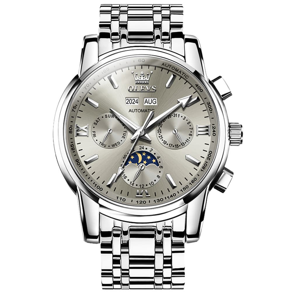 OLEVS 6633 Stainless Steel Mechanical Moon Phase Watch for Men - Silver Grey Watch | Olevs Watch Store