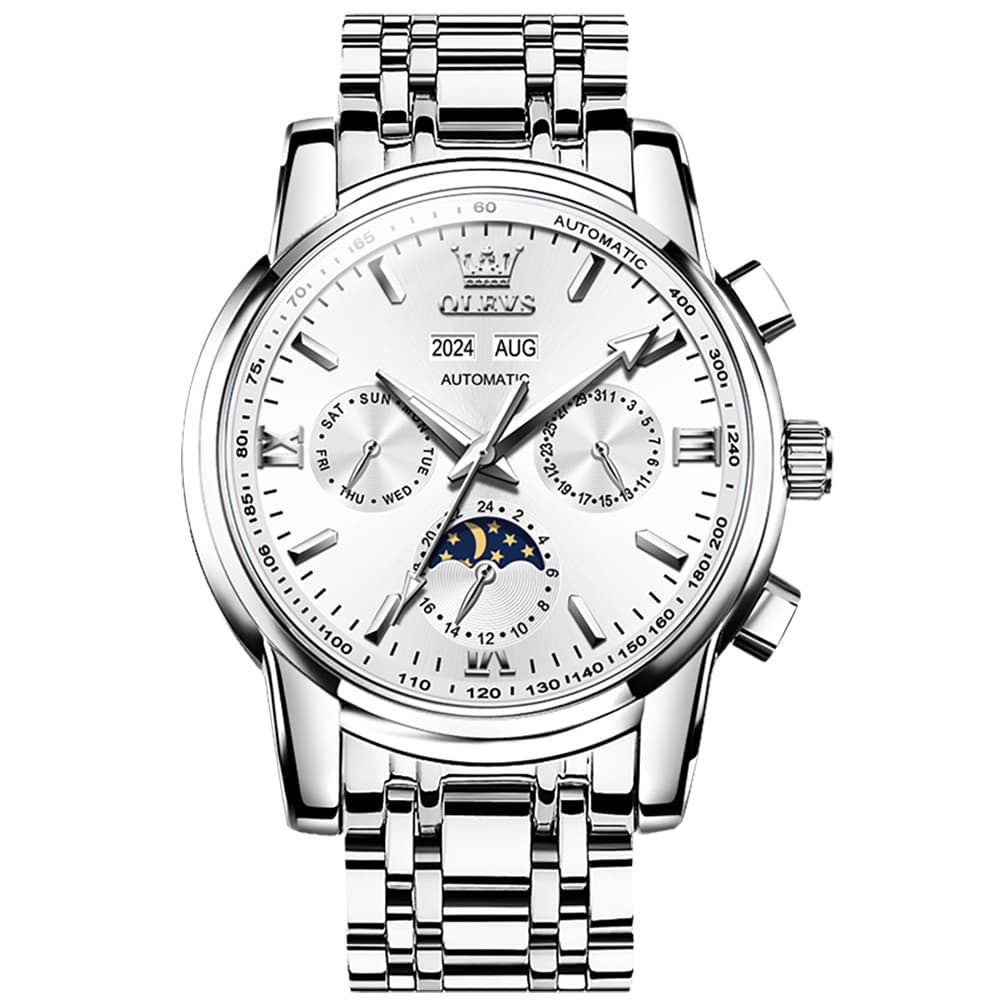 OLEVS 6633 Stainless Steel Mechanical Moon Phase Watch for Men - Silver White Watch | Olevs Watch Store