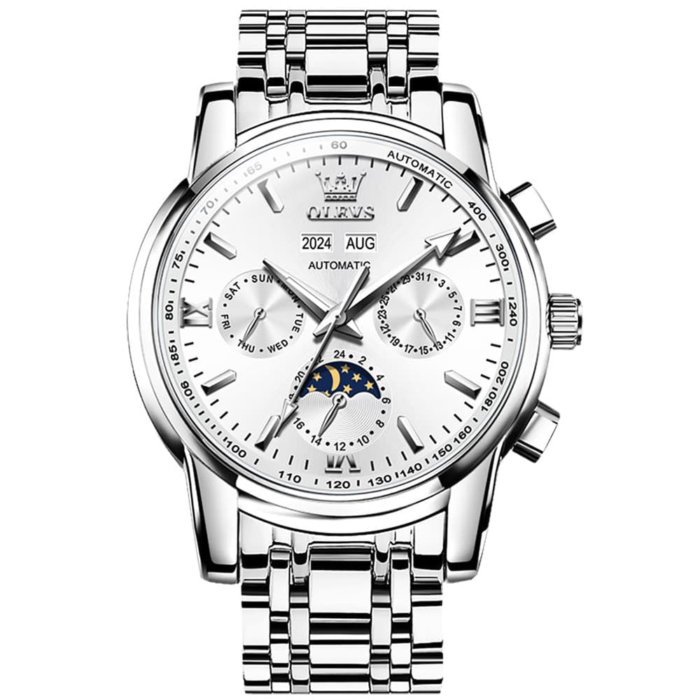 OLEVS 6633 Stainless Steel Mechanical Moon Phase Watch for Men - Silver White Watch | Olevs Watch Store