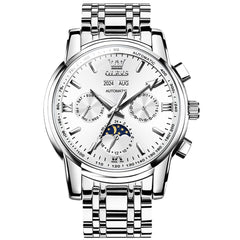 OLEVS 6633 Stainless Steel Mechanical Moon Phase Watch for Men - Silver White Watch | Olevs Watch Store
