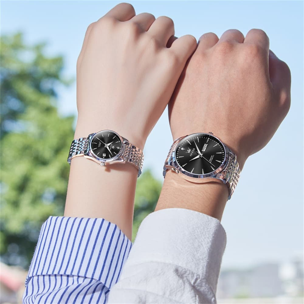 OLEVS 6635 Stainless Steel Automatic Mechanical Couple Watches - Silver Black Watch | Olevs Watch Store