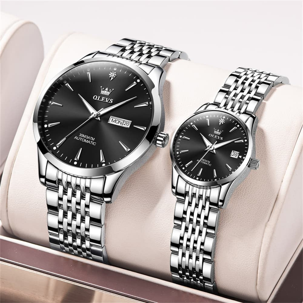 OLEVS 6635 Stainless Steel Automatic Mechanical Couple Watches - Silver Black Watch | Olevs Watch Store