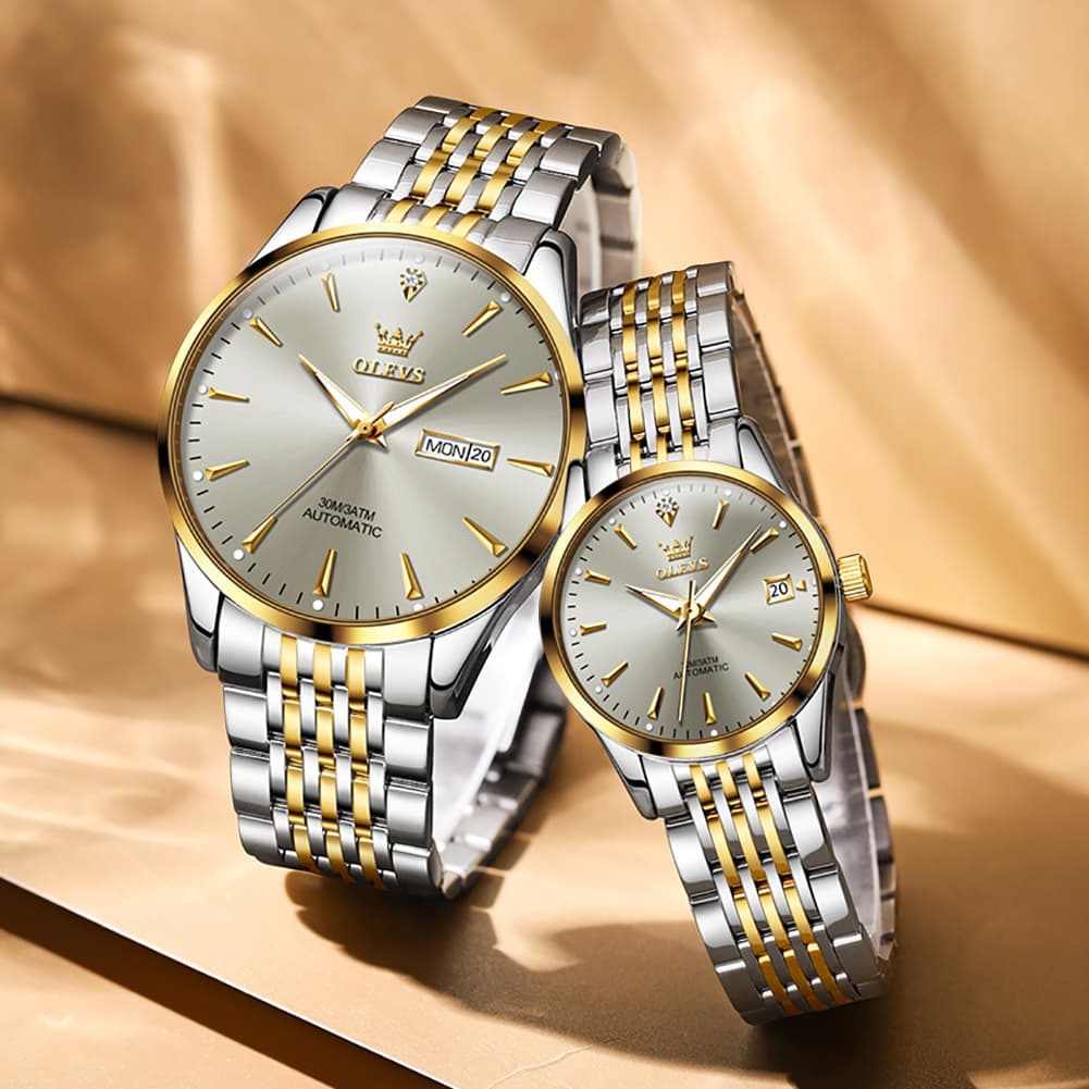 OLEVS 6635 Stainless Steel Automatic Mechanical Couple Watches - Silver Black Watch | Olevs Watch Store