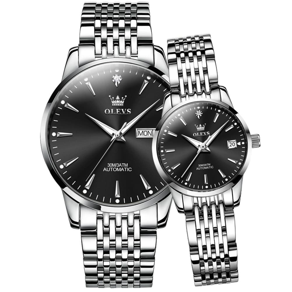 OLEVS 6635 Stainless Steel Automatic Mechanical Couple Watches - Silver Black Watch | Olevs Watch Store