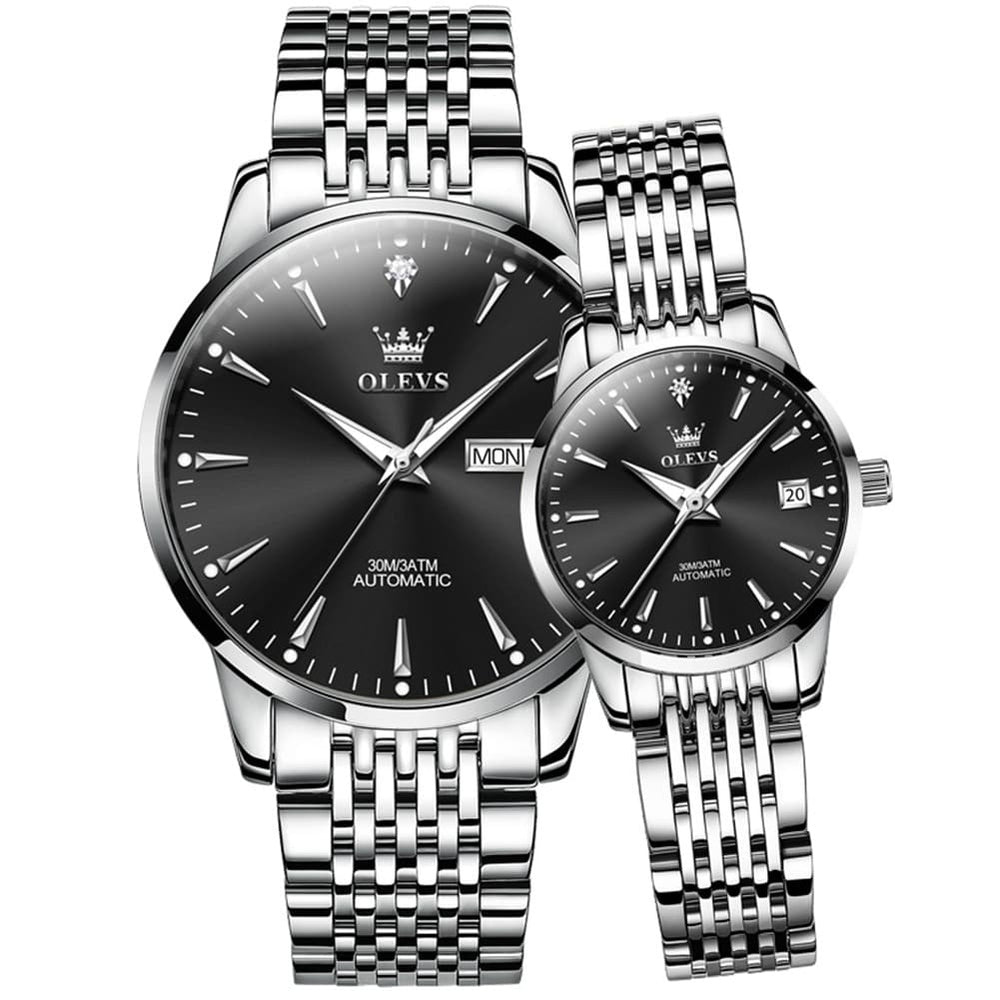 OLEVS 6635 Stainless Steel Automatic Mechanical Couple Watches - Silver Black Watch | Olevs Watch Store