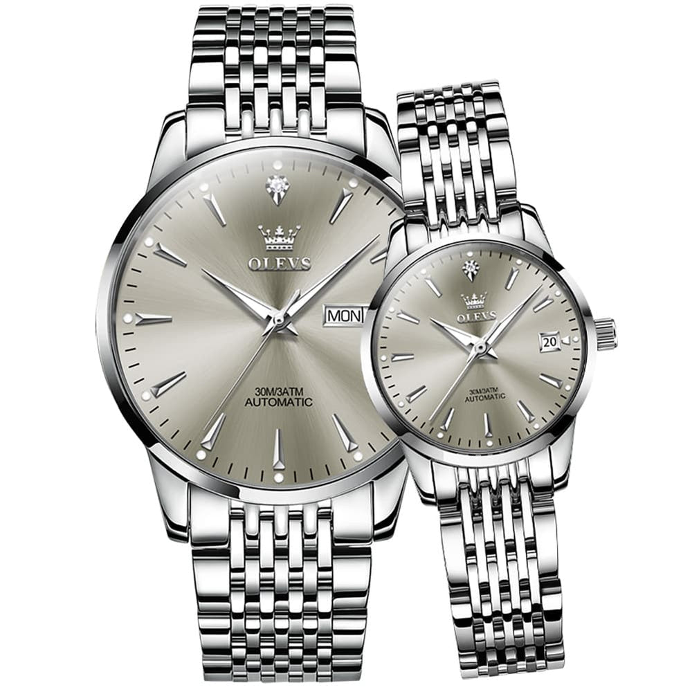 OLEVS 6635 Stainless Steel Automatic Mechanical Couple Watches - Silver Grey Watch | Olevs Watch Store