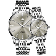 OLEVS 6635 Stainless Steel Automatic Mechanical Couple Watches - Silver Grey Watch | Olevs Watch Store