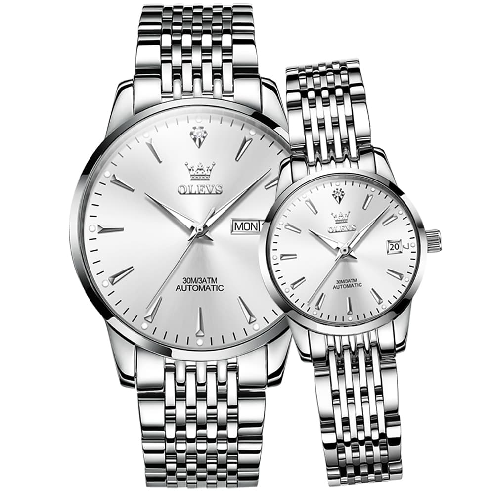 OLEVS 6635 Stainless Steel Automatic Mechanical Couple Watches - Silver White Watch | Olevs Watch Store
