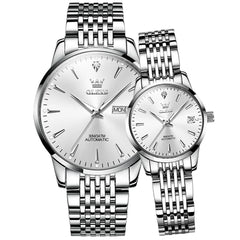 OLEVS 6635 Stainless Steel Automatic Mechanical Couple Watches - Silver White Watch | Olevs Watch Store