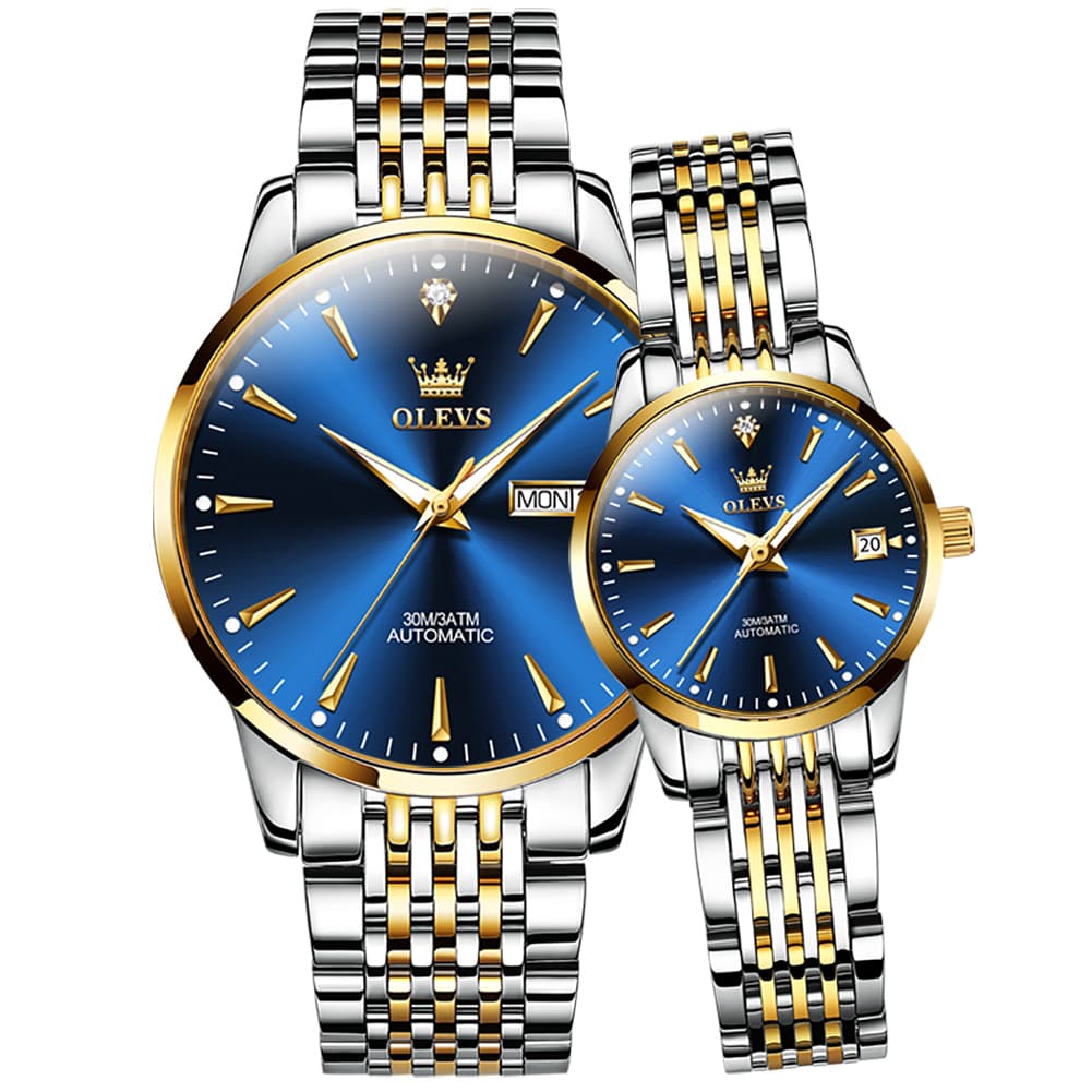 OLEVS 6635 Stainless Steel Automatic Mechanical Couple Watches - Two-Tone Blue Watch | Olevs Watch Store