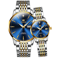 OLEVS 6635 Stainless Steel Automatic Mechanical Couple Watches - Two-Tone Blue Watch | Olevs Watch Store