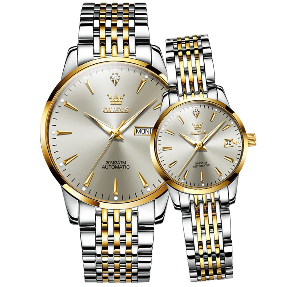 OLEVS 6635 Stainless Steel Automatic Mechanical Couple Watches - Two-Tone Grey Watch | Olevs Watch Store