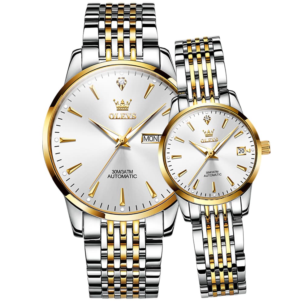 OLEVS 6635 Stainless Steel Automatic Mechanical Couple Watches - Two-Tone White Watch | Olevs Watch Store