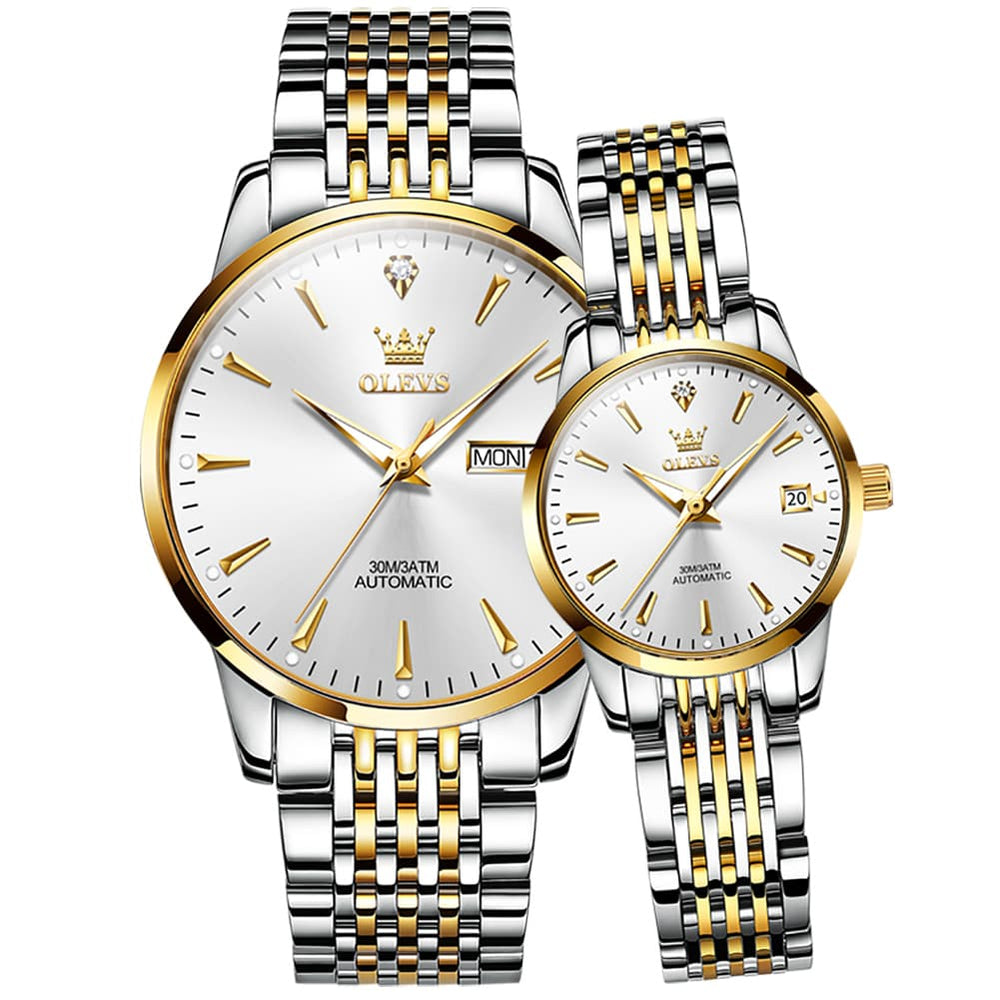 OLEVS 6635 Stainless Steel Automatic Mechanical Couple Watches - Two-Tone White Watch | Olevs Watch Store