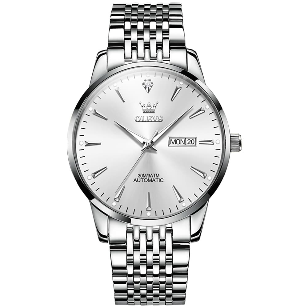 OLEVS 6635 Stainless Steel Automatic Mechanical Watch for Men - Silver White Watch | Olevs Watch Store