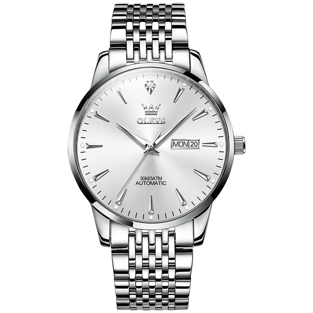 OLEVS 6635 Stainless Steel Automatic Mechanical Watch for Men - Silver White Watch | Olevs Watch Store
