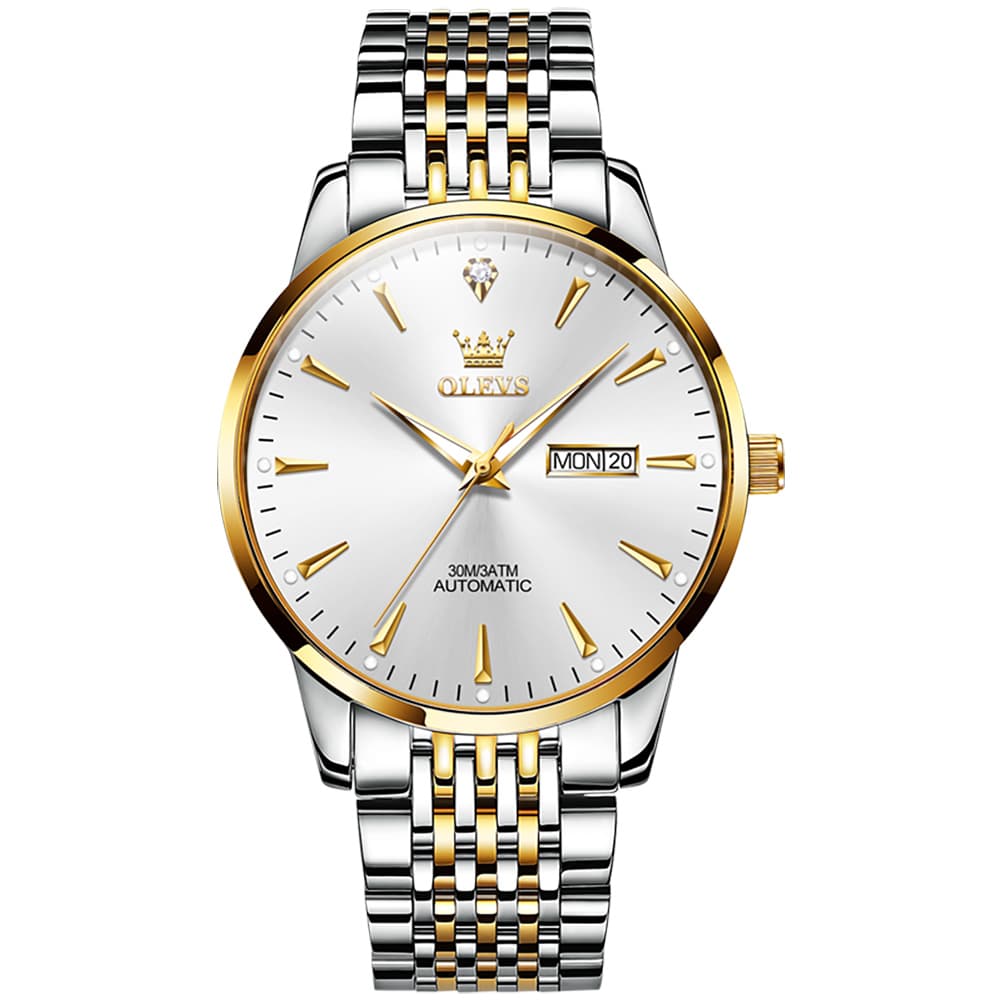 OLEVS 6635 Stainless Steel Automatic Mechanical Watch for Men - Two-Tone White Watch | Olevs Watch Store