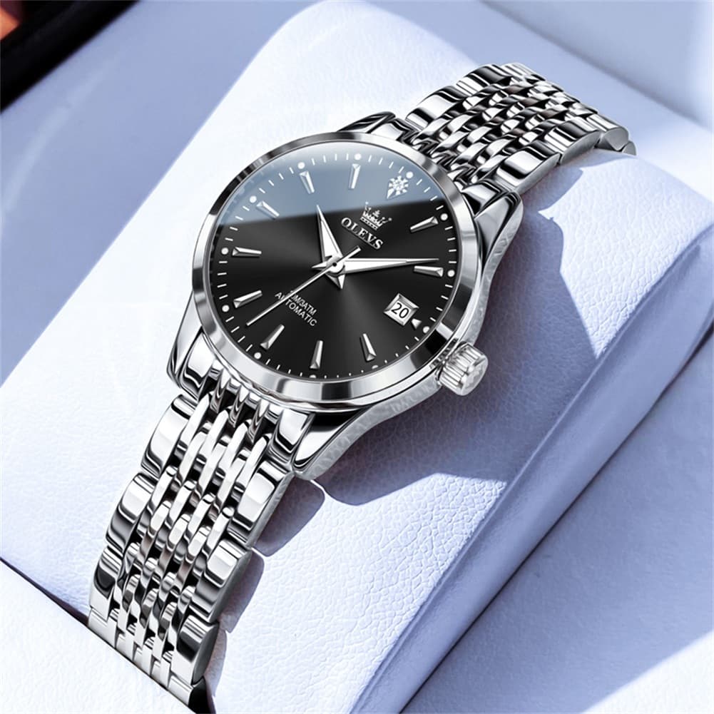 OLEVS 6635 Stainless Steel Automatic Mechanical Watch for Women - Silver Black Watch | Olevs Watch Store