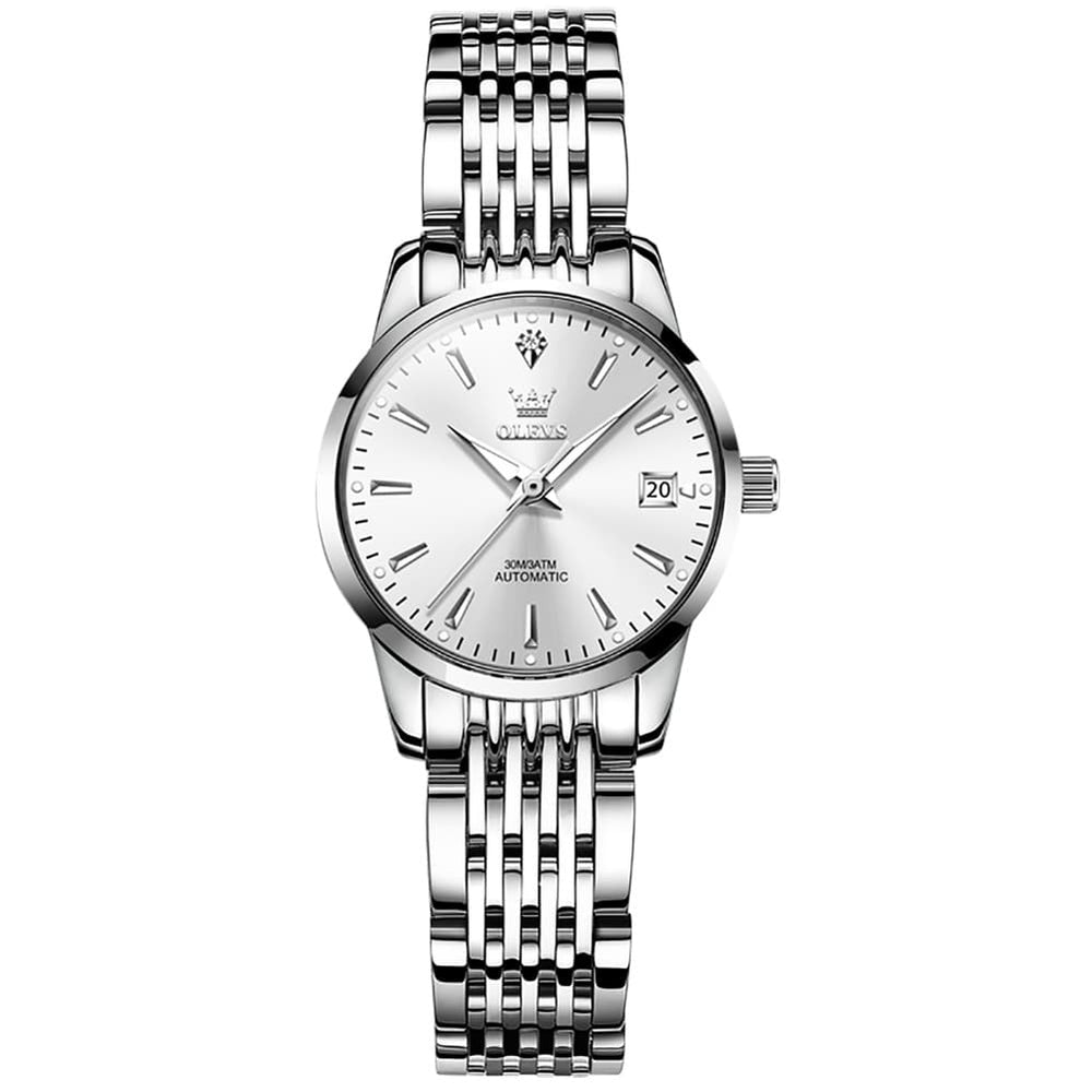 OLEVS 6635 Stainless Steel Automatic Mechanical Watch for Women - Silver White Watch | Olevs Watch Store