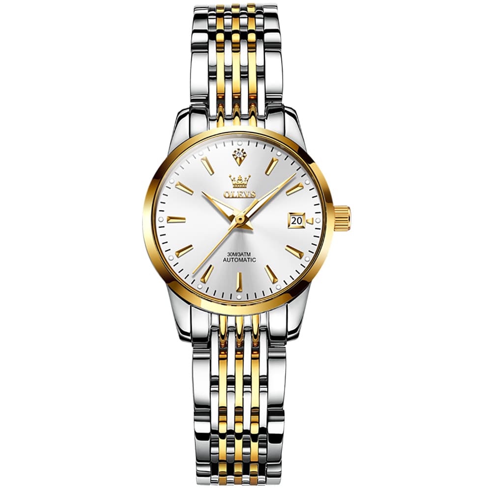 OLEVS 6635 Stainless Steel Automatic Mechanical Watch for Women - Two-Tone White Watch | Olevs Watch Store