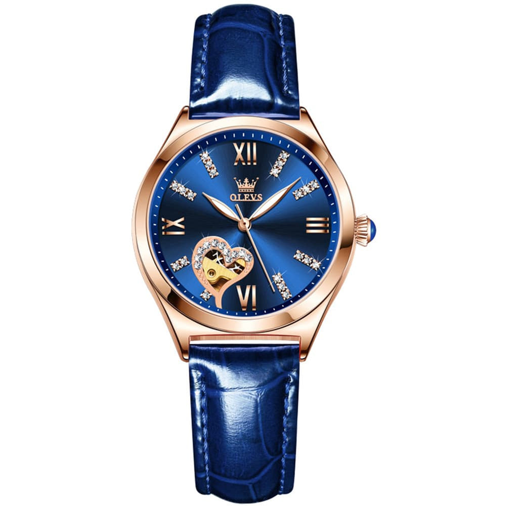 OLEVS 6636 Leather Skeleton Mechanical Watch for Women - Blue Leather Watch | Olevs Watch Store