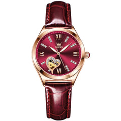 OLEVS 6636 Leather Skeleton Mechanical Watch for Women - Burgundy Leather Watch | Olevs Watch Store