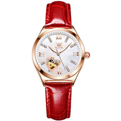 OLEVS 6636 Leather Skeleton Mechanical Watch for Women - Red Leather Watch | Olevs Watch Store