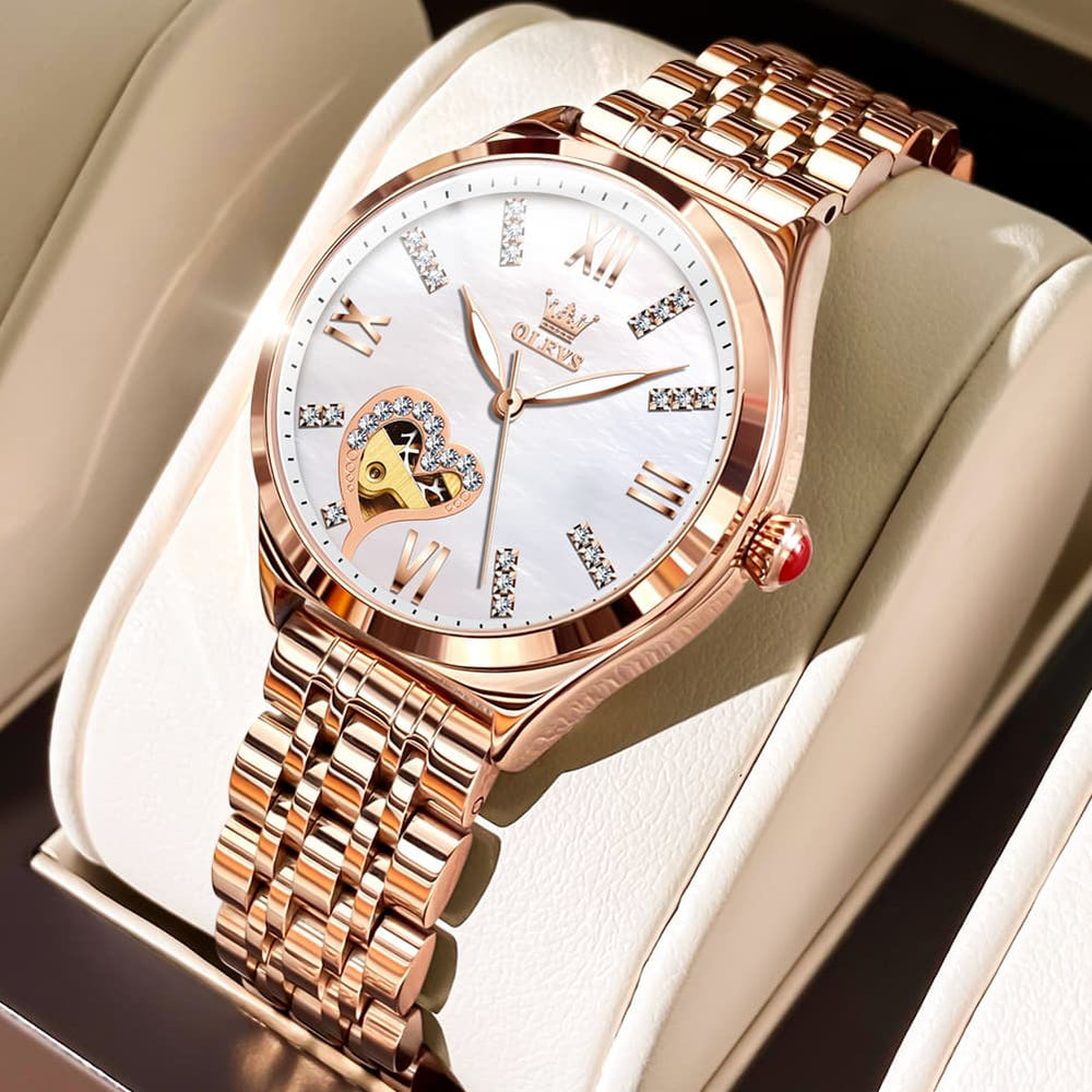 OLEVS 6636 Leather Skeleton Mechanical Watch for Women - Rose Gold Red Watch | Olevs Watch Store