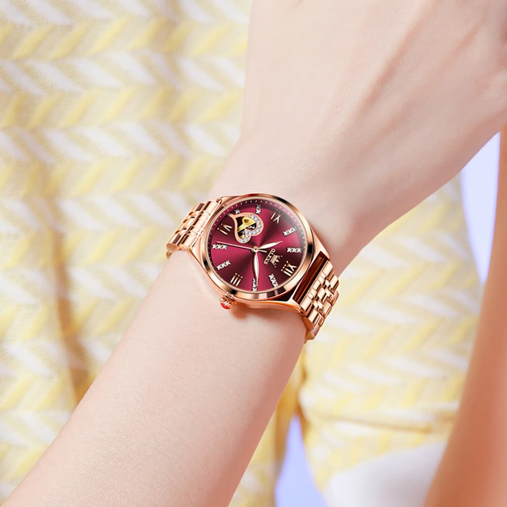 OLEVS 6636 Leather Skeleton Mechanical Watch for Women - Rose Gold Red Watch | Olevs Watch Store