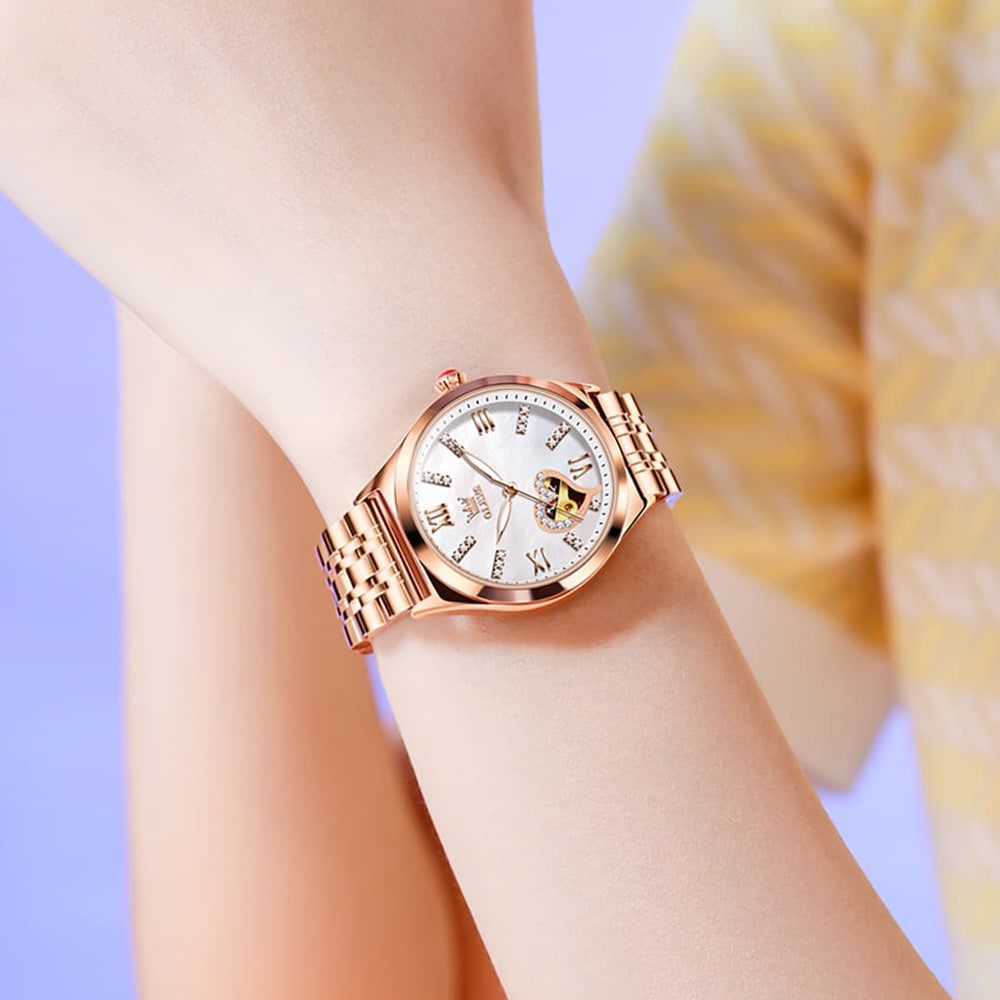 OLEVS 6636 Leather Skeleton Mechanical Watch for Women - Rose Gold Red Watch | Olevs Watch Store