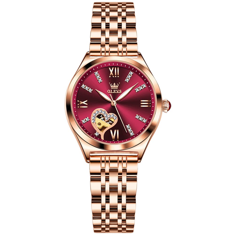 OLEVS 6636 Leather Skeleton Mechanical Watch for Women - Rose Gold Red Watch | Olevs Watch Store