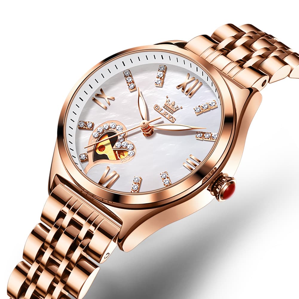 OLEVS 6636 Leather Skeleton Mechanical Watch for Women - Rose Gold Red Watch | Olevs Watch Store
