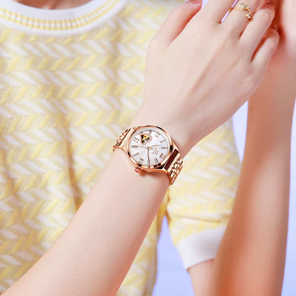 OLEVS 6636 Leather Skeleton Mechanical Watch for Women - Rose Gold Red Watch | Olevs Watch Store