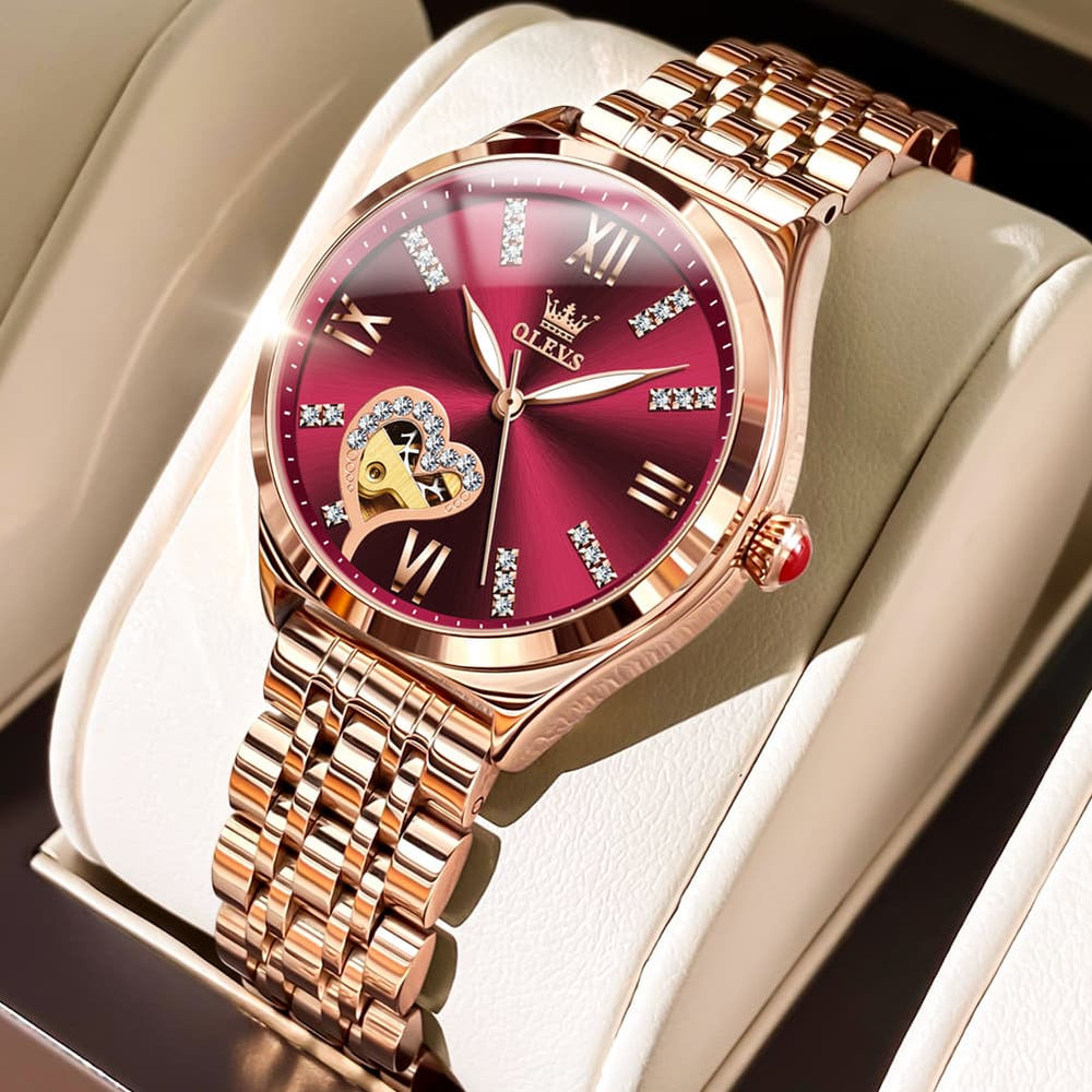 OLEVS 6636 Leather Skeleton Mechanical Watch for Women - Rose Gold Red Watch | Olevs Watch Store