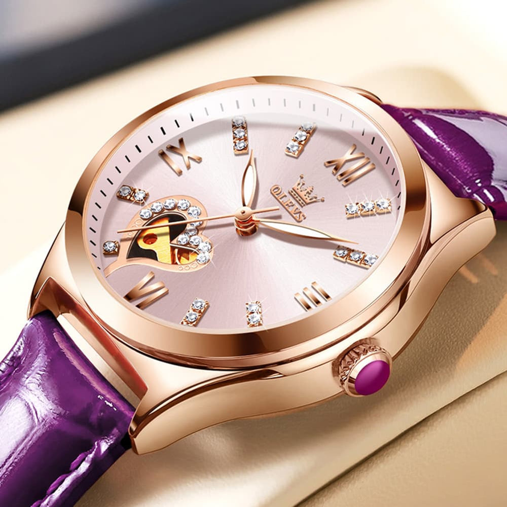 OLEVS 6636 Leather Skeleton Mechanical Watch for Women - Rose Gold Red Watch | Olevs Watch Store
