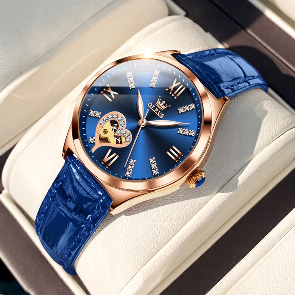 OLEVS 6636 Leather Skeleton Mechanical Watch for Women - Rose Gold Red Watch | Olevs Watch Store
