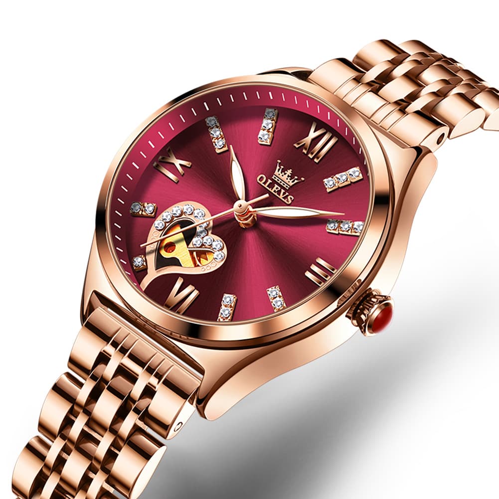 OLEVS 6636 Leather Skeleton Mechanical Watch for Women - Rose Gold Red Watch | Olevs Watch Store