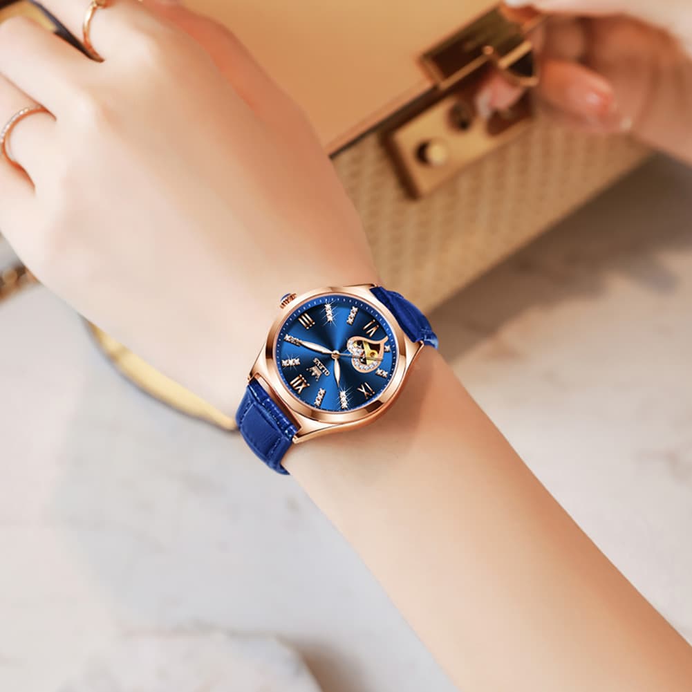 OLEVS 6636 Leather Skeleton Mechanical Watch for Women - Rose Gold Red Watch | Olevs Watch Store