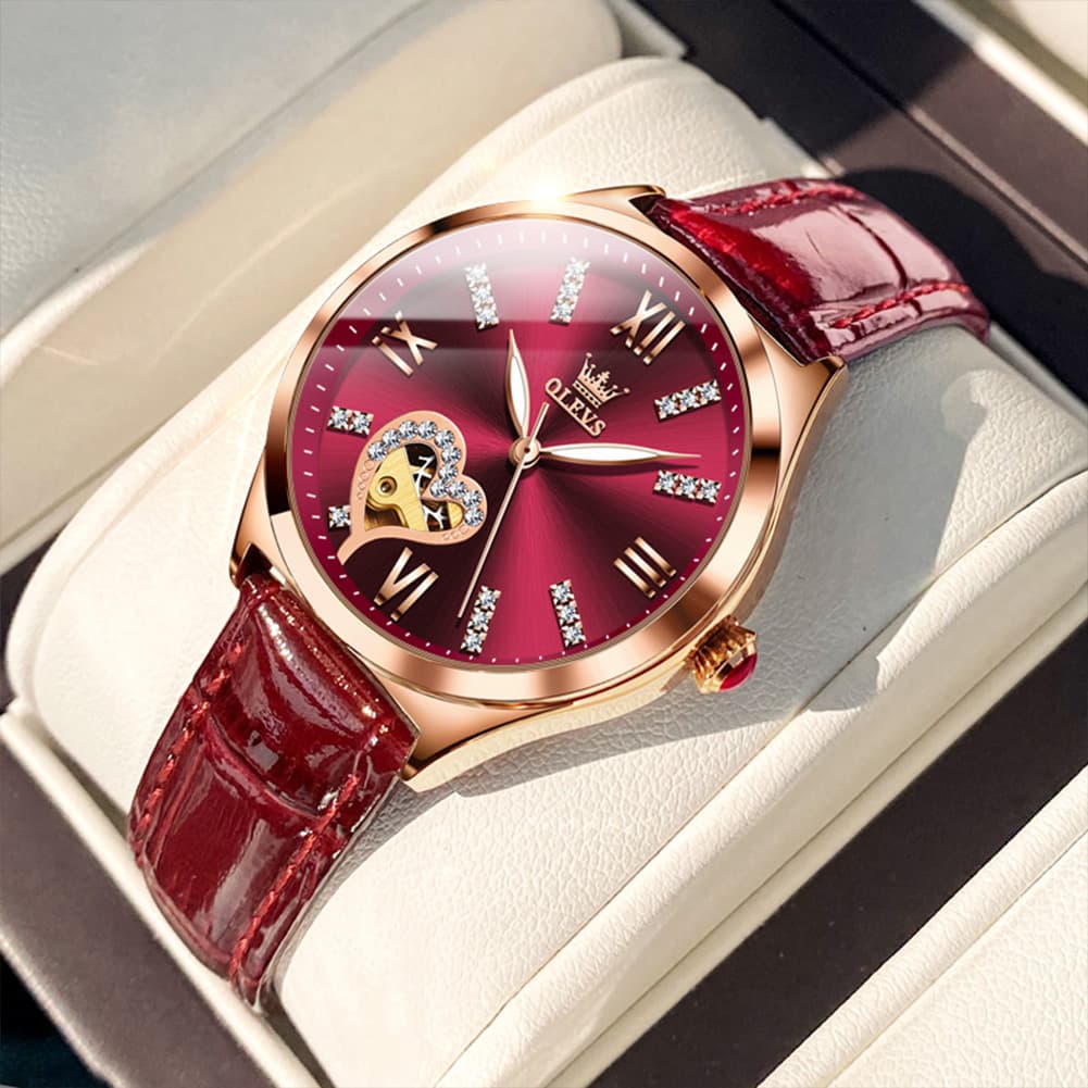 OLEVS 6636 Leather Skeleton Mechanical Watch for Women - Rose Gold Red Watch | Olevs Watch Store