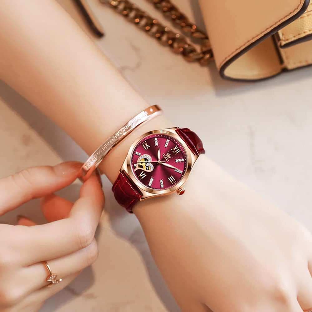OLEVS 6636 Leather Skeleton Mechanical Watch for Women - Rose Gold Red Watch | Olevs Watch Store
