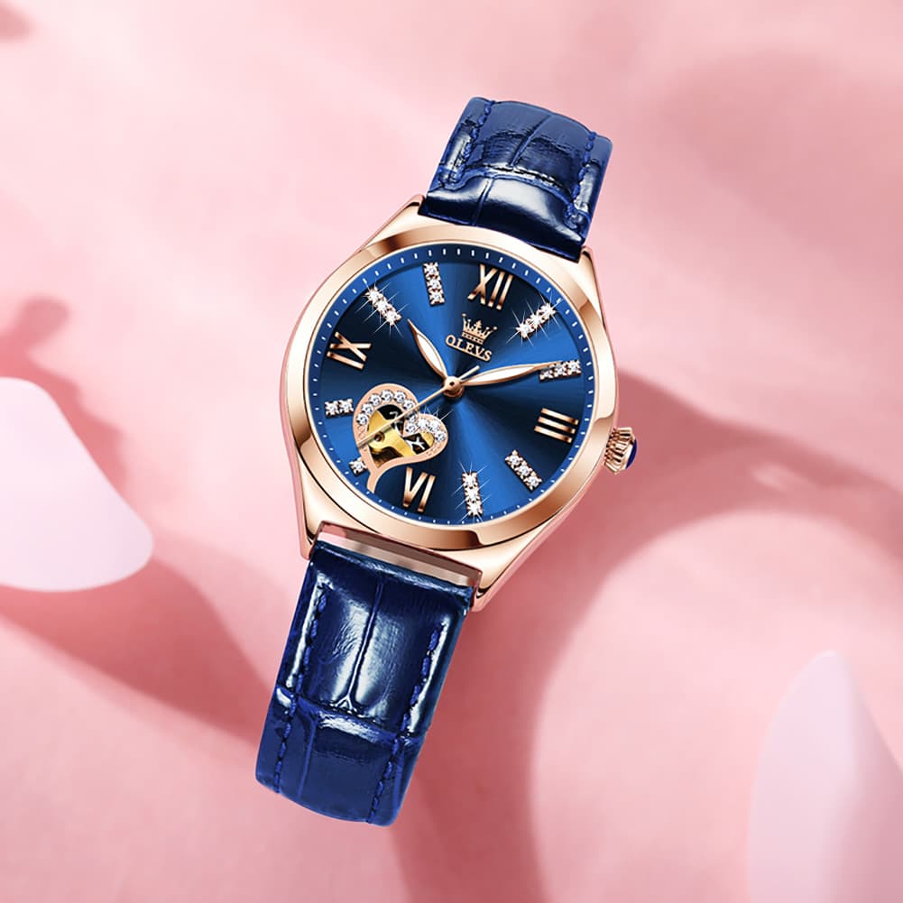 OLEVS 6636 Leather Skeleton Mechanical Watch for Women - Rose Gold Red Watch | Olevs Watch Store