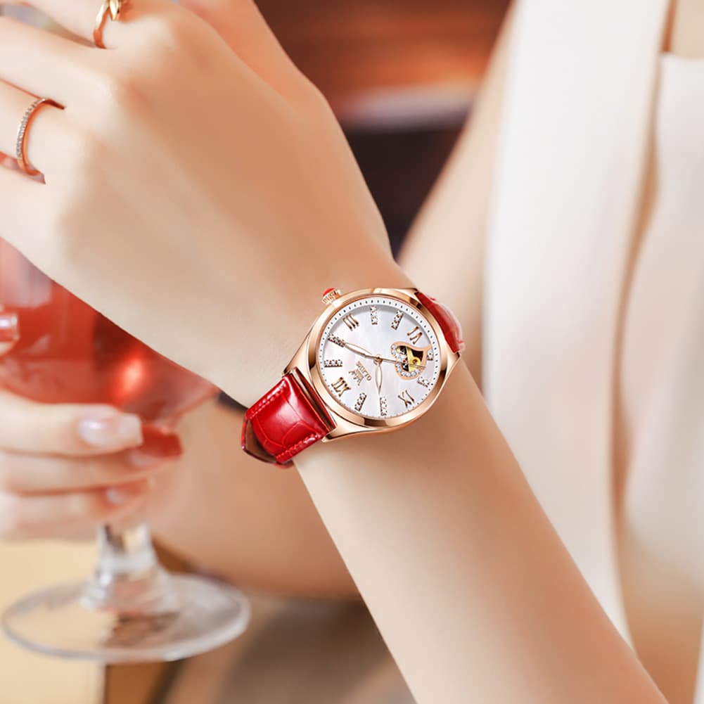 OLEVS 6636 Leather Skeleton Mechanical Watch for Women - Rose Gold Red Watch | Olevs Watch Store