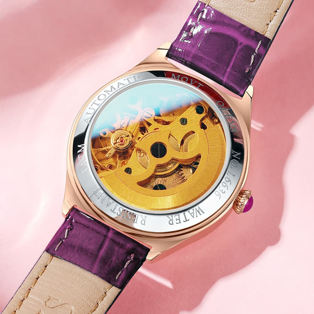 OLEVS 6636 Leather Skeleton Mechanical Watch for Women - Rose Gold Red Watch | Olevs Watch Store