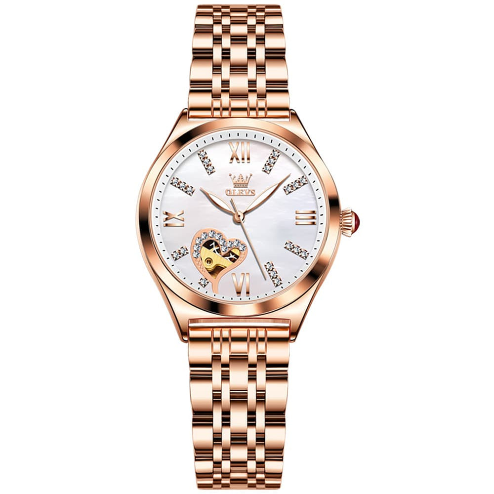 OLEVS 6636 Leather Skeleton Mechanical Watch for Women - Rose Gold White Watch | Olevs Watch Store