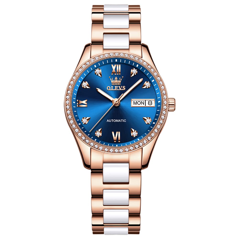 OLEVS 6637 Ceramic Automatic Mechanical Watch for Women - Ceramic Blue Watch | Olevs Watch Store