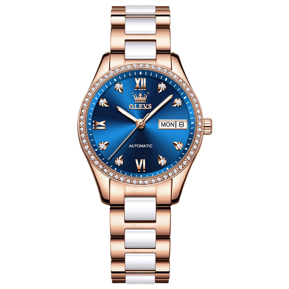 OLEVS 6637 Ceramic Automatic Mechanical Watch for Women - Ceramic Blue Watch | Olevs Watch Store