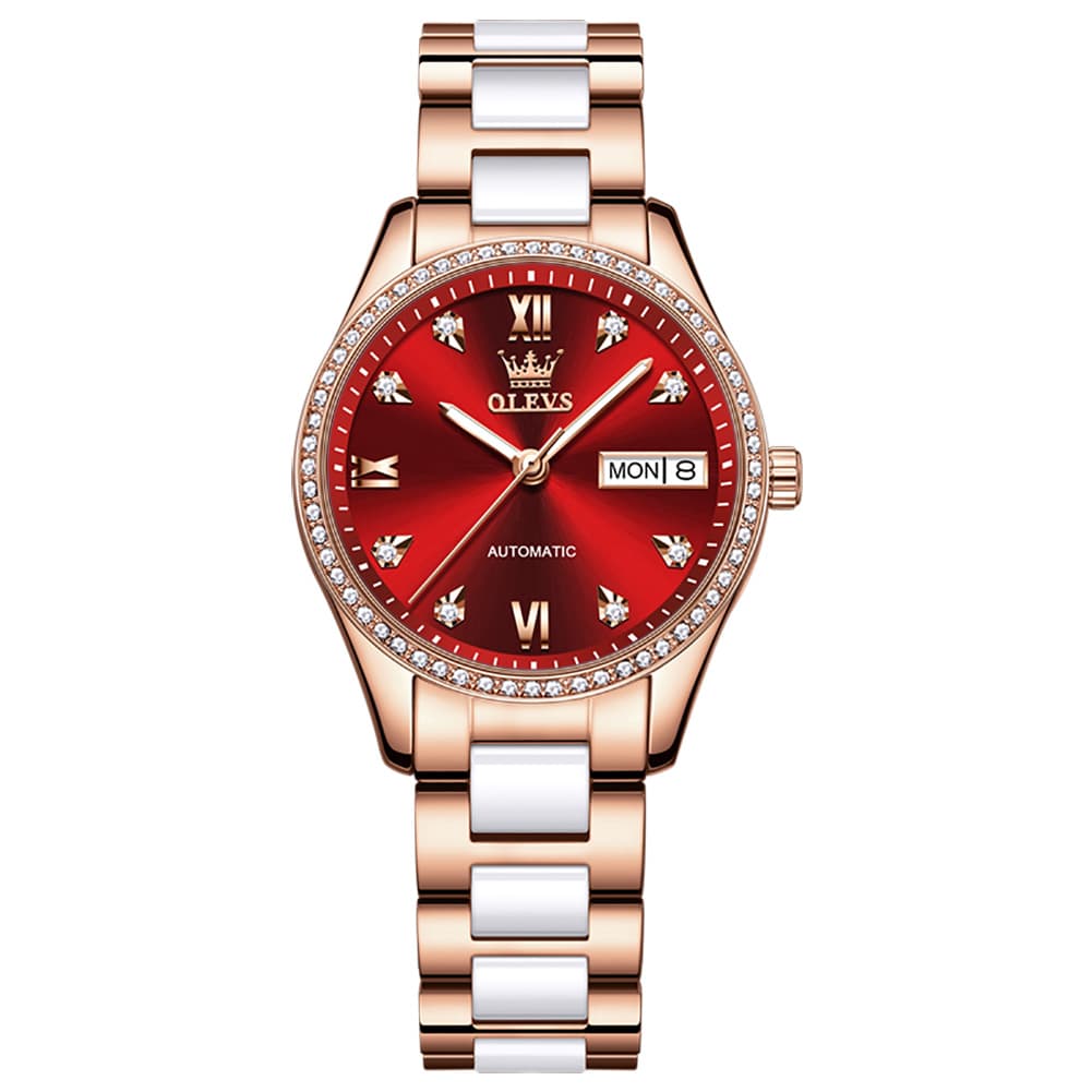OLEVS 6637 Ceramic Automatic Mechanical Watch for Women - Ceramic Red Watch | Olevs Watch Store