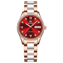 OLEVS 6637 Ceramic Automatic Mechanical Watch for Women - Ceramic Red Watch | Olevs Watch Store