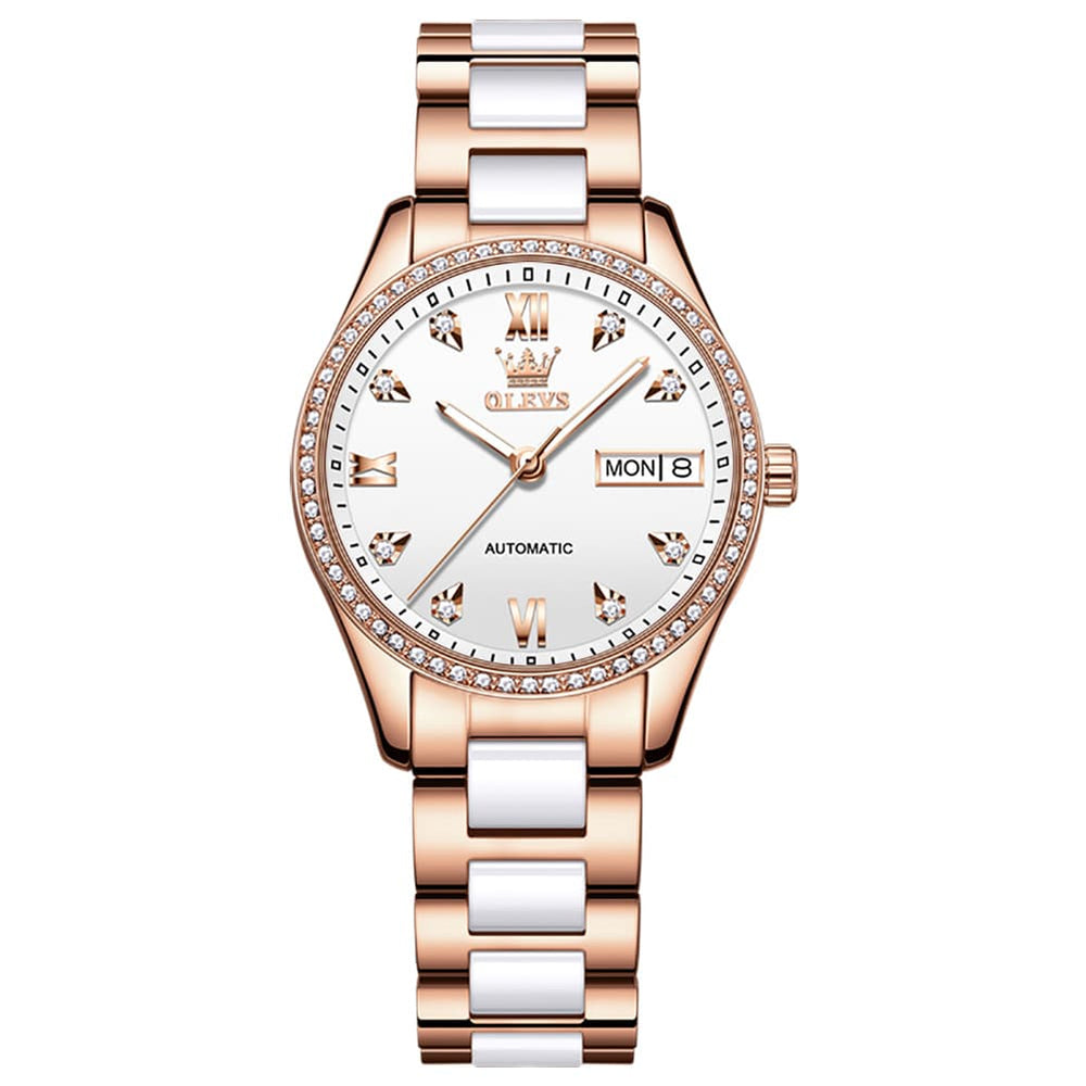 OLEVS 6637 Ceramic Automatic Mechanical Watch for Women - Ceramic White Watch | Olevs Watch Store