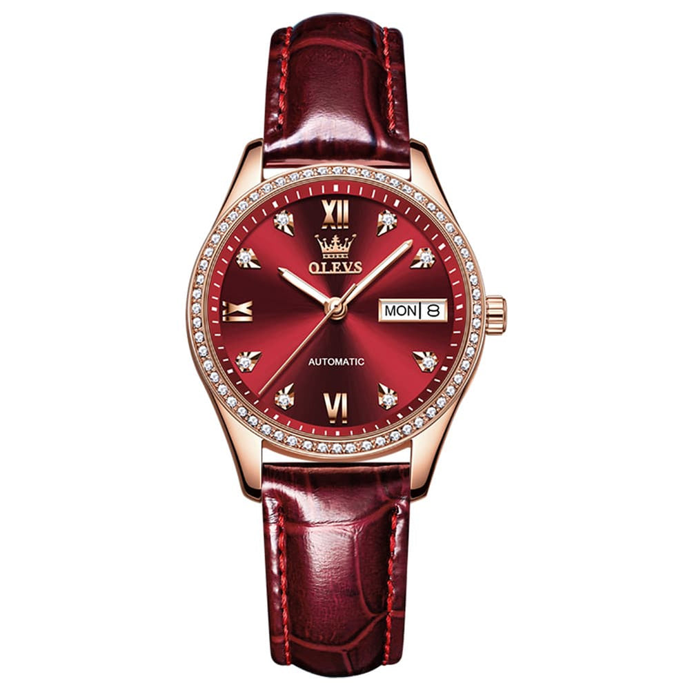 OLEVS 6637 Ceramic Automatic Mechanical Watch for Women - Leather Burgundy Watch | Olevs Watch Store